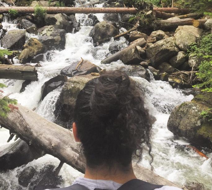 Back of Will Melendez' head as he looks at a river with rocks and branches