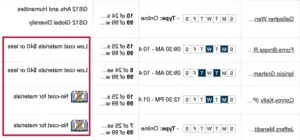 A screenshot of the Registration Portal, with a highlighted area showing a column on the far right side of the portal showing "Low Cost" and "No Cost" requirements for course materials.